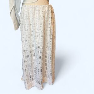 White eyelet Smocked Maxi Skirt Resort Wear one pocket zipper access side slit